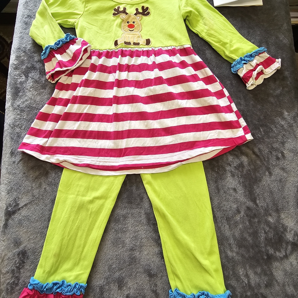 Festive Reindeer Striped Top and Leggings Set